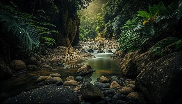 Foto bosque tropical con río y roca en la jungla