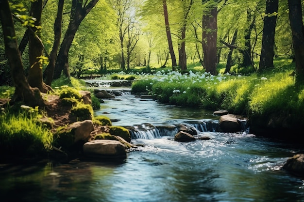 Foto bosque verde con agua de arroyo y luces de sol