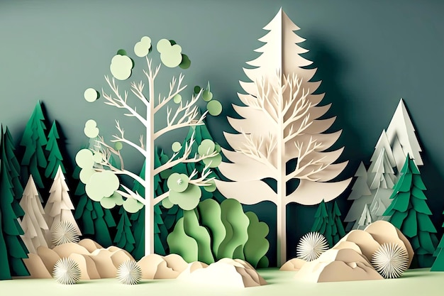 Bosque verde con árboles de navidad y árboles paisaje de invierno de papel