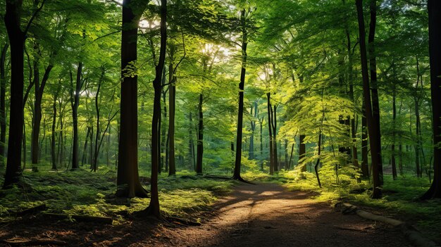 Foto bosque verde bañado por la suave luz de la tarde un sereno refugio natural