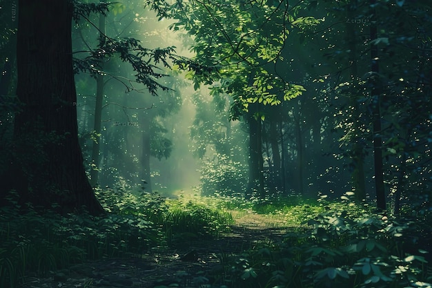 Un bosque verde con un camino a través de los árboles