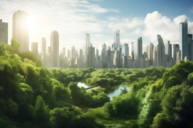 bosque verde con la ciudad en el fondo