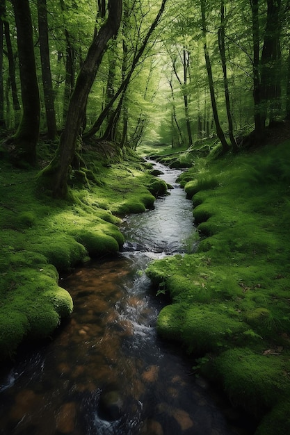 Bosque verde colorido con corriente