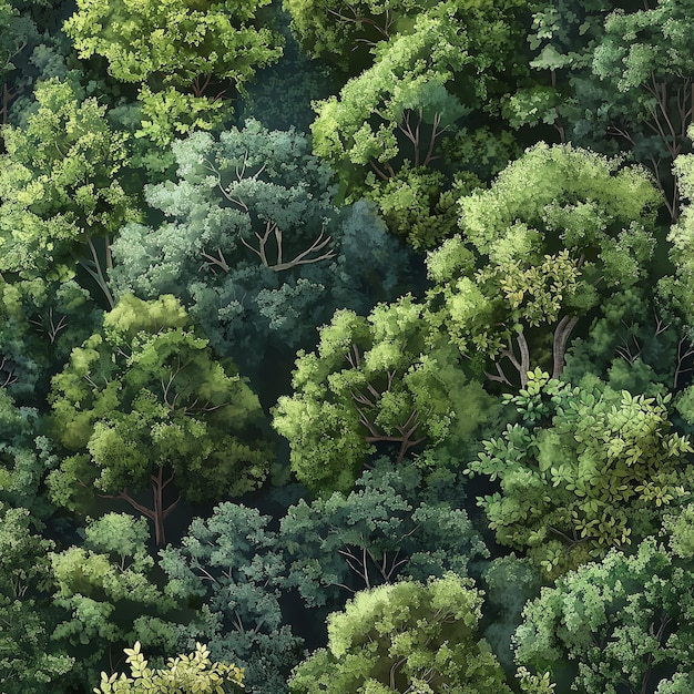 Un bosque verde exuberante con muchos árboles y una variedad de tonos de verde