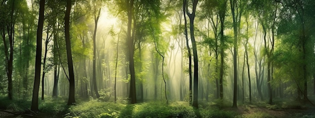 Bosque verde a fuego lento belleza de la naturaleza mientras el sol ilumina el follaje verde vibrante del bosque IA generativa