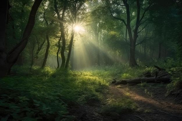 bosque verde con hermosos rayos de sol AI