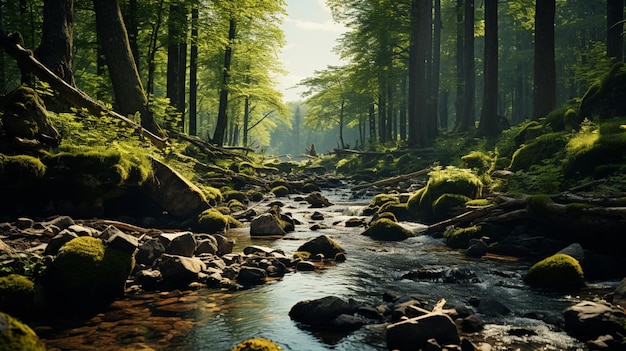 Bosque verde a la luz del sol con arroyo forestal