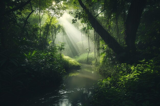 Bosque verde con la luz del sol mirando a través