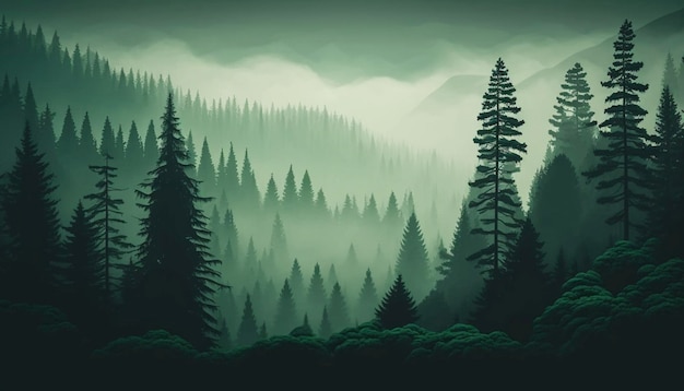 Bosque verde con niebla y espacio en blanco claro usando Generative Ai