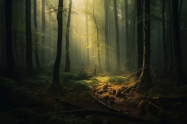 Bosque verde oscuro mágico en luz del sol suave