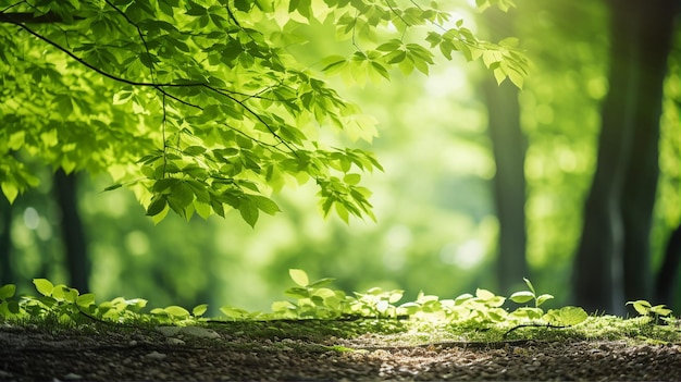 Bosque verde y pacífico en un fondo borroso