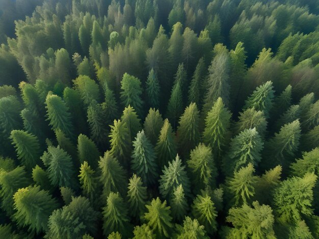 un bosque verde con pinos y un fondo de cielo