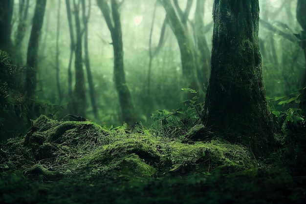 Bosque verde profundo. Selvas tropicales profundas. Selva tropical del sudeste asiático con selva profunda. 3D renderizado yo