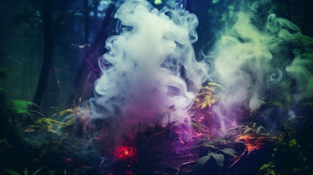 Un bosque vibrante y misterioso envuelto en colorido humo