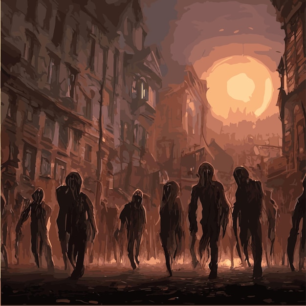 Bosque de zombis hambrientos de multitud Siluetas de zombis aterradores caminando por la noche Ilustración de vector de fantasía espeluznante con luna llena y tumba Zombis de silueta caminando cementerio lápida de monstruo no muerto