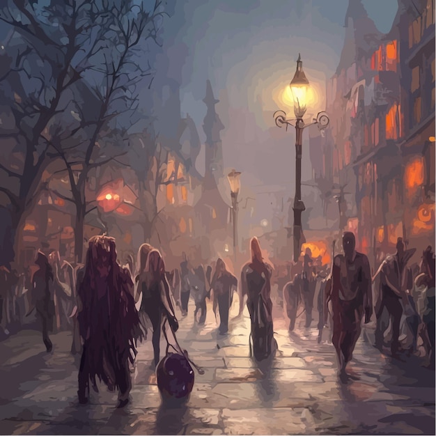 Bosque de zombis hambrientos de multitud Siluetas de zombis aterradores caminando por la noche Ilustración de vector de fantasía espeluznante con luna llena y tumba Zombis de silueta caminando cementerio lápida de monstruo no muerto