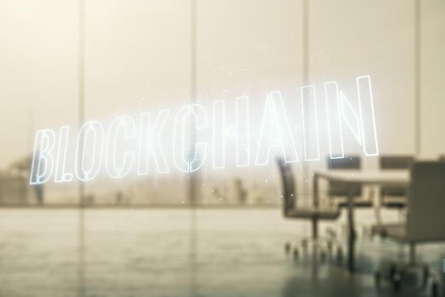 Bosquejo abstracto de la tecnología blockchain virtual en un fondo moderno de sala de juntas tecnología futura y concepto blockchain Doble exposición