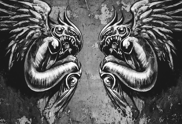 Foto bosquejo del arte del tatuaje, dos ángeles, concepto de fantasía sobre la pared