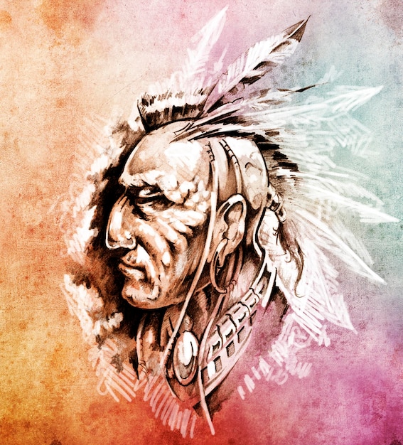 Foto bosquejo del arte del tatuaje, ilustración del jefe indio americano sobre papel de colores