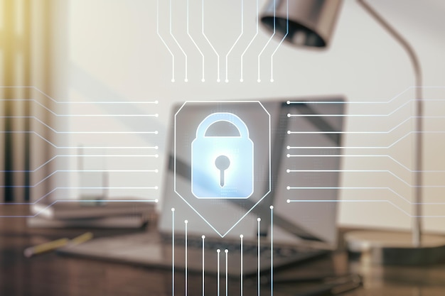 Bosquejo de bloqueo creativo con holograma de chip en la protección de fondo de computadora portátil moderna del concepto de datos personales Multiexposición