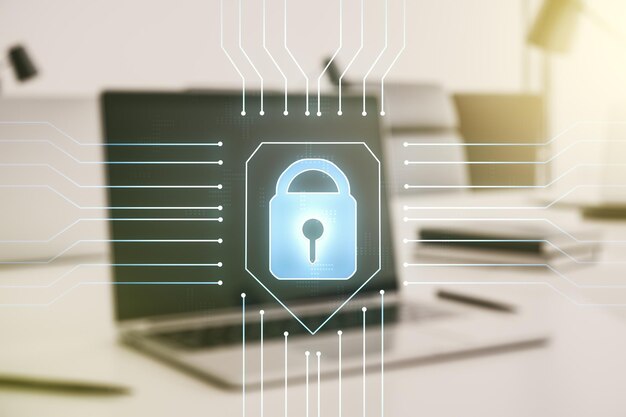 Bosquejo de bloqueo creativo con holograma de chip en la protección de fondo de computadora portátil moderna del concepto de datos personales Multiexposición
