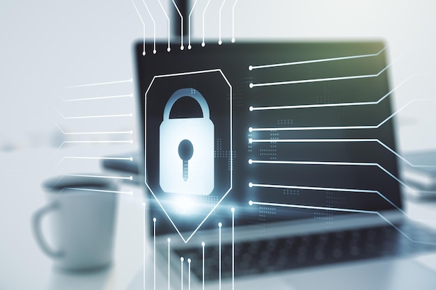 Bosquejo de bloqueo creativo con holograma de chip en la protección de fondo de computadora portátil moderna del concepto de datos personales Multiexposición