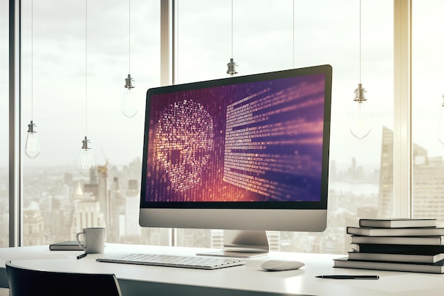 Bosquejo del cráneo del código creativo en el robo moderno del monitor de la computadora portátil de datos personales y el concepto de malware Representación 3D