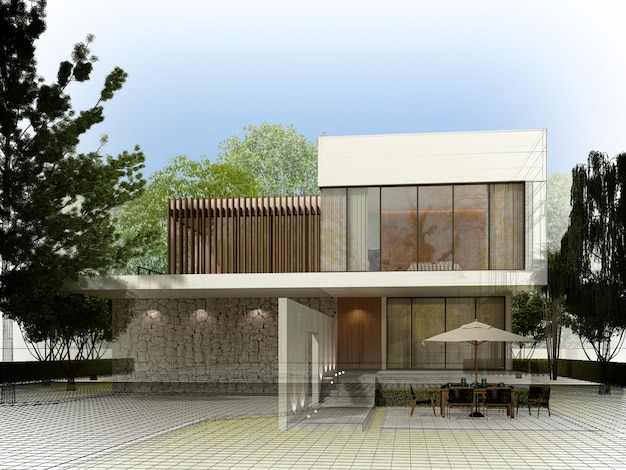 Bosquejo del diseño del marco de alambre de renderizado 3d de la casa
