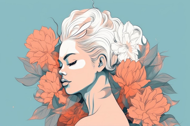 Bosquejo elegante de un retrato abstracto femenino con flores ilustración generativa ai