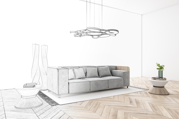 Bosquejo del interior de la sala de estar blanca brillante moderna con suelo de madera de mesa de sofá y elementos decorativos Diseños de hogar concepto 3D Rendering