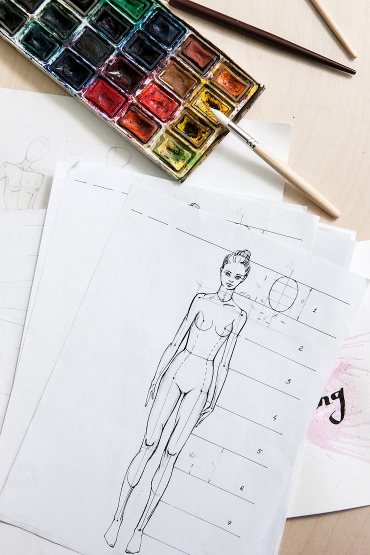Foto bosquejo del modelo de moda con pintura de acuarela en el lugar de trabajo del diseñador