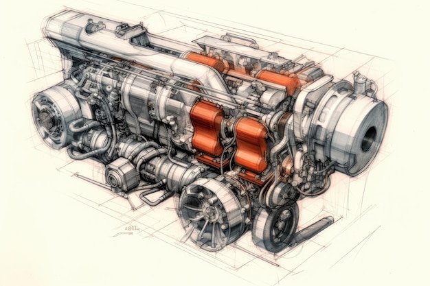 Bosquejo del motor de coche dibujado por un ingeniero