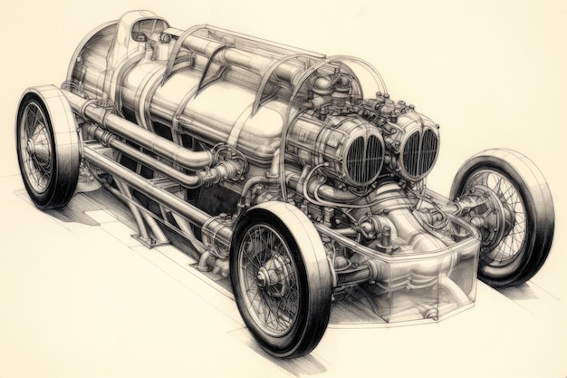 Bosquejo del motor de coche dibujado por un ingeniero