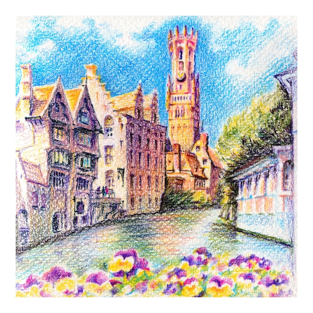 Bosquejo urbano del canal Rozenhoedkaai en Brujas con el campanario al fondo, Bélgica. Dibujar con lápices de colores
