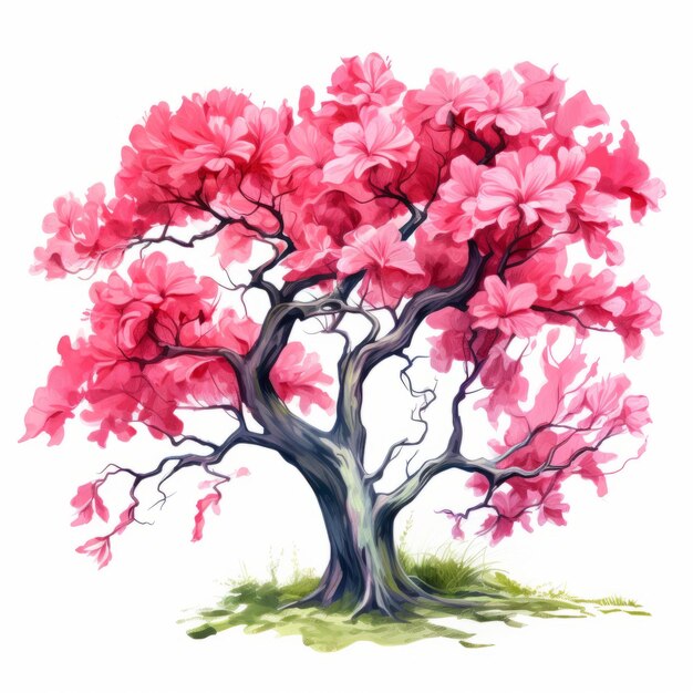 Bosquejo vibrante del hibisco de la ilustración del árbol rosado en acuarela