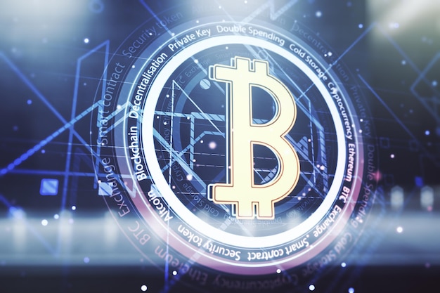 Bosquejo virtual de Bitcoin en el fondo borroso del edificio de oficinas contemporáneo Doble exposición