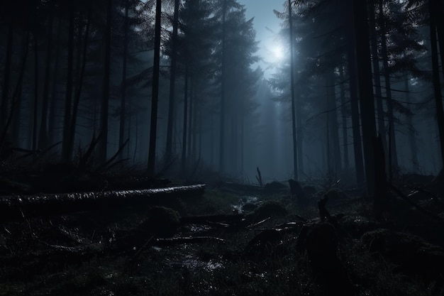 Bosques brumosos y oscuros en la noche Bosque misterioso Mágico paisaje de árboles de bosque brumoso saturado