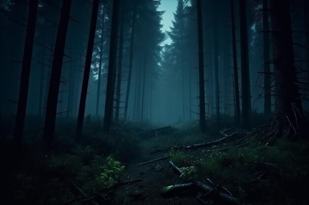 Bosques brumosos y oscuros en la noche Bosque misterioso Mágico paisaje de árboles de bosque brumoso saturado