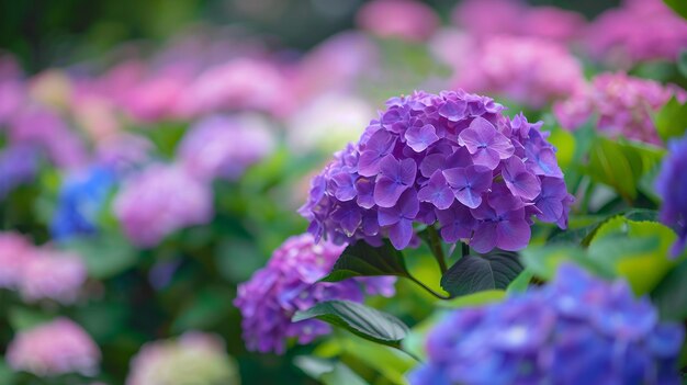 Bosques de hortênsias vibrantes em floração Paisagem de jardim serena Fonte perfeita para projetos de primavera Natureza Beleza capturada em cores exuberantes IA