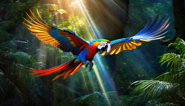 bosques densos haz de luz solar fondo oscuro caida haz de luz volador de guacamayo