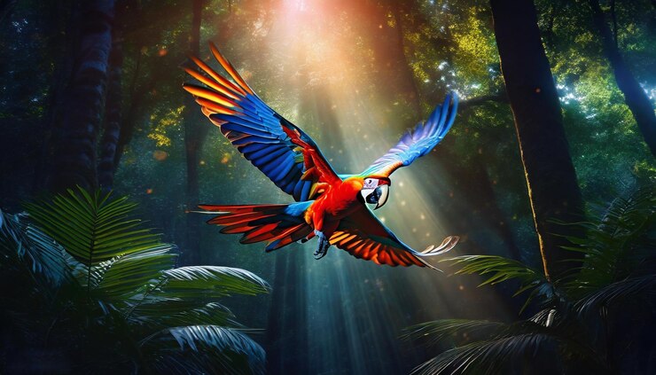 Los bosques densos los rayos de luz del sol el fondo oscuro el arco iris del guacamayo la caída del rayo de luz