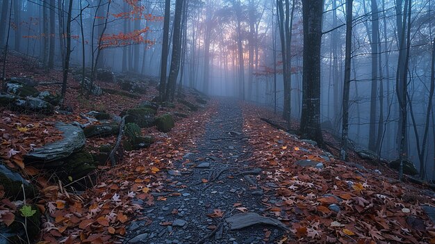 Foto bosques empapados de niebla atmósfera tranquila en ángulo ancho