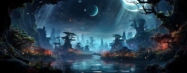 Bosques encantados iluminados por hongos luminescentes bañados por la luz de la luna exudan un ambiente mágico ideal para esfuerzos fantásticos