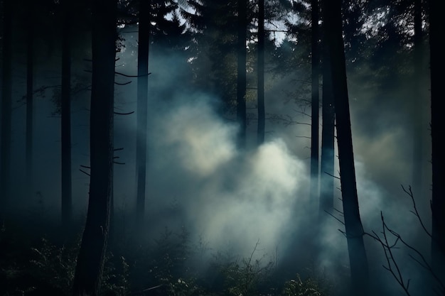 bosques nebulosos e escuros à noite floresta misteriosa paisagem de árvores de floresta nebulosa saturada mágica