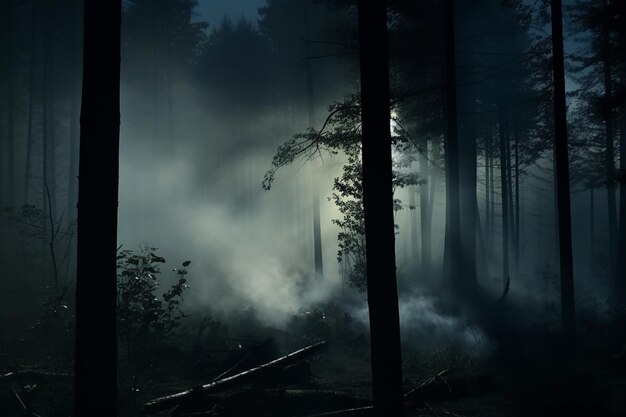 Bosques nebulosos y oscuros por la noche bosque misterioso mágico saturado bosque nebuloso árboles paisaje