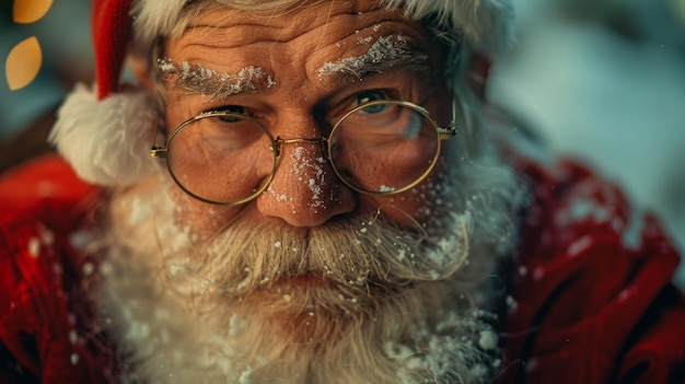 Boss-ähnlicher Weihnachtsmann in Brille, rotes Outfit, sitzend zuversichtlich, pastellgrünes Neujahrsthema, Weihnachten-Ferienbanner, KI-Generativ