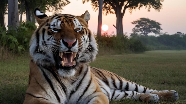 Foto el bostezón del tigre muestra somnolencia.