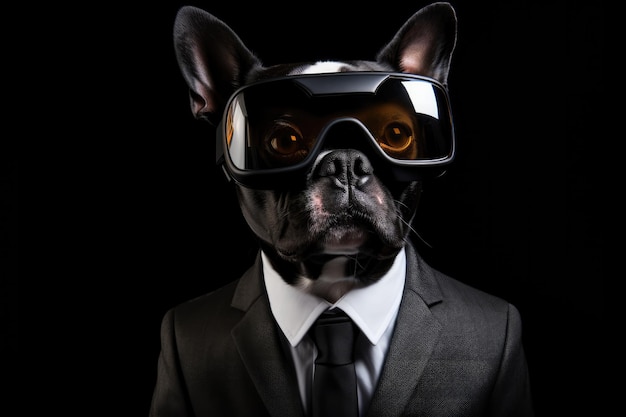 Boston Terrier de terno e realidade virtual em fundo preto