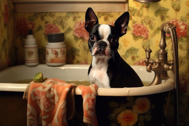 Un boston terrier disfrutando de un refrescante baño de lavabo generado por Ai