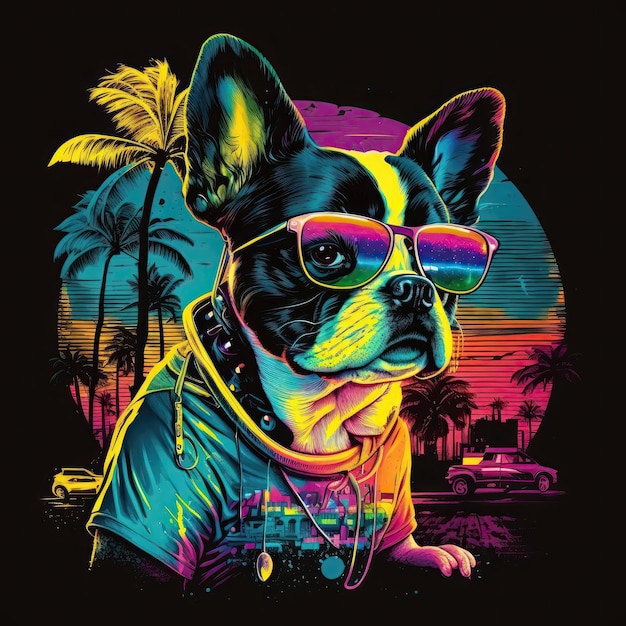 Boston Terrier Dog 80s Synthwave Camiseta detallada Arte vectorial con colores vivos IA generativa